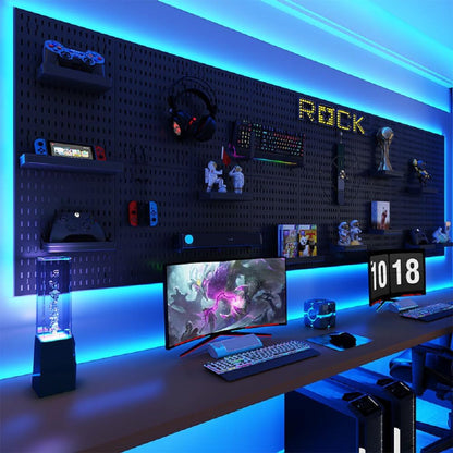 RGB Gaming Pegboard Wall Organizer with Metal Panels and Hooks, 12x24 Setup